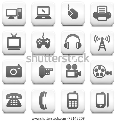 Technology Icon on Square Black and White Button Collection Original Illustration