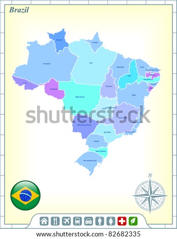 Brazil Map with Flag Buttons and Assistance & Activates Icons Original Illustration