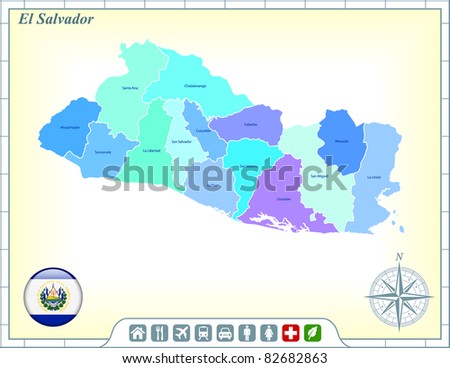 El Salvador Map with Flag Buttons and Assistance & Activates Icons Original Illustration