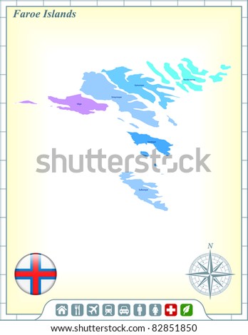 Faroe Islands Map with Flag Buttons and Assistance & Activates Icons Original Illustration