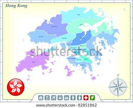 Hong Kong Map with Flag Buttons and Assistance & Activates Icons Original Illustration