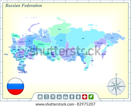 Russia Map with Flag Buttons and Assistance & Activates Icons Original Illustration