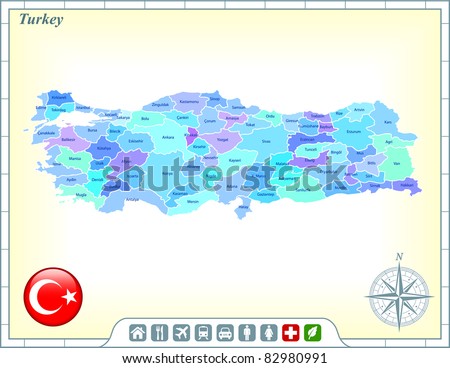 Turkey Map with Flag Buttons and Assistance & Activates Icons Original Illustration