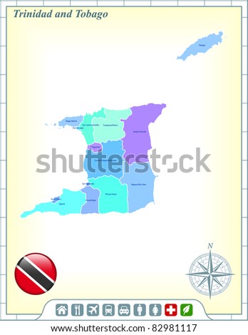 Trinidad and Tabago Map with Flag Buttons and Assistance & Activates Icons Original Illustration