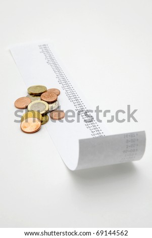 Calculator paper tape with euro coins