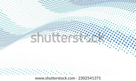 Abstract curved dotted surface with halftone effect by blue and turquoise small squares. Vector graphic pattern