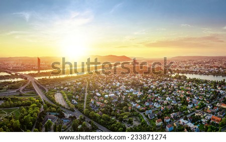 Vienna skyline at sunset with danube river, Austria