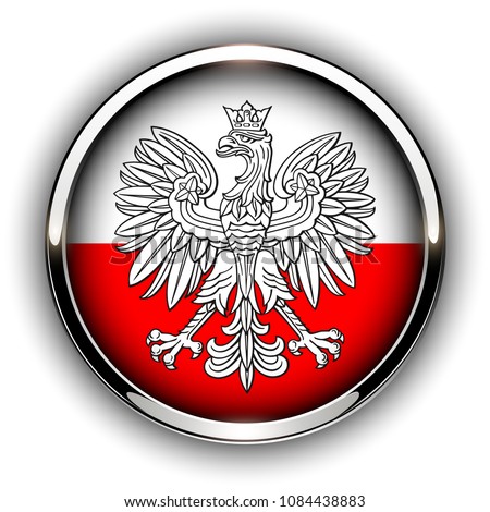 Poland flag button with eagle, 3d shiny vector icon