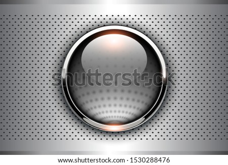 Silver metallic background, 3D with shiny button and dotted pattern, vector illustration.