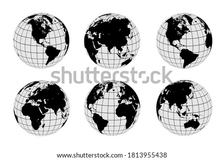 Earth globes set, different views with  parallels and meridians, isolated vector world spheres design. 