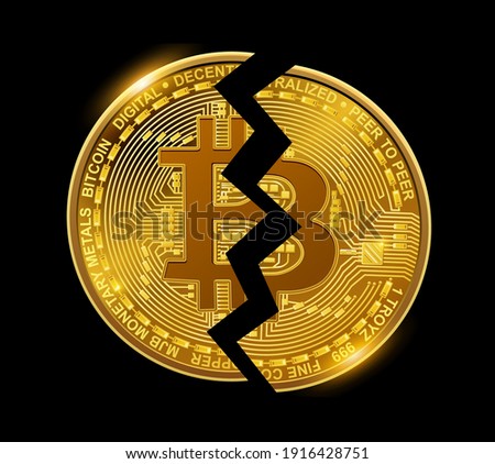 Bitcoin broken coin, business symbol of bitcoin split in half as economic crysis, gold on black isolated vector illustration.