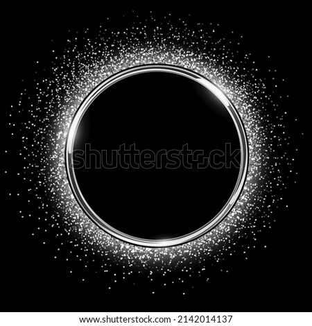 Silver sparkling ring with glitter on black background. Vector luxury and shiny button.