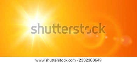 Sunny background, orange sun with lens flare, hot weather concept, vector summer illustration.