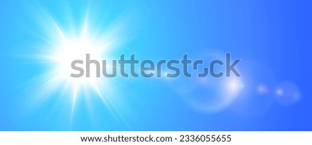 Sunny background, sun with lens flare, hot weather concept, vector summer illustration.
