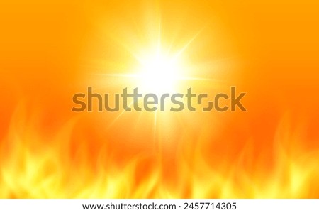 The sun in flames, an orange background with flames as a symbol of fires and hot weather natural disaster, vector illustration.