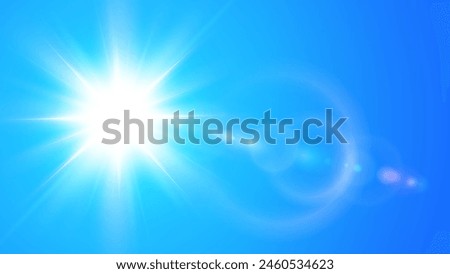 Sunny background, sun with lens flare on blue sky, hot weather concept, vector summer background illustration.