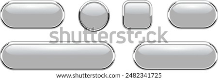 Gray buttons set, glossy isolated icons with metallic chrome elements, vector illustration.