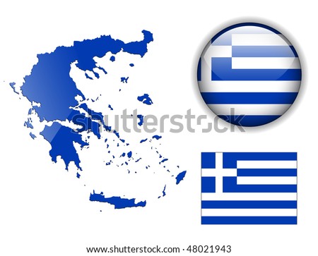 Greece flag, map and glossy button, vector illustration set.