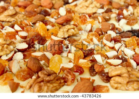 Almonds, raisins and nuts close up as background