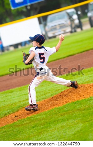 Youth baseball player pitching on the mound.