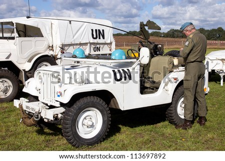 EDE, NETHERLANDS - SEP 22: UN material on display at the Market Garden memorial on Sep 22, 2012 near Ede, Netherlands. Market Garden was a large Allied military operation in September 1944