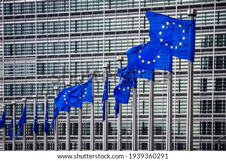 Row of EU Flags in front of the European Union Commission building in Brussels