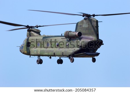VOLKEL, NETHERLANDS - JUNE 15: Dutch Air Force CH-47 Chinook during the Air Power Demo at Royal Netherlands Air Force Days June 15, 2013 in Volkel, Netherlands.