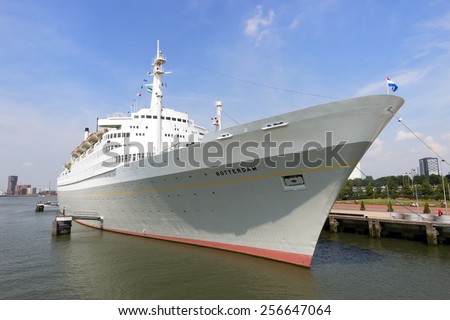 ROTTERDAM, THE NETHERLANDS - AUG 1, 2014: The SS Rotterdam is a 228-meter, 13-deck former flagship of the Holland-America line features a restaurant, theater, meeting rooms, and a hotel.
