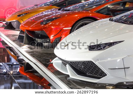 GENEVA, SWITZERLAND - MARCH 3, 2015: Customized Lamborghini supercars from DMC Exotic Car Tuning LTD at the 85th International Geneva Motor Show in Palexpo, Geneva.
