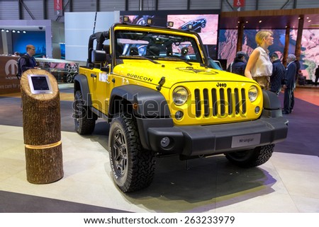 GENEVA, SWITZERLAND - MARCH 4, 2015: Jeep Wrangler Rubicon at the 85th International Geneva Motor Show in \
Palexpo, Geneva.