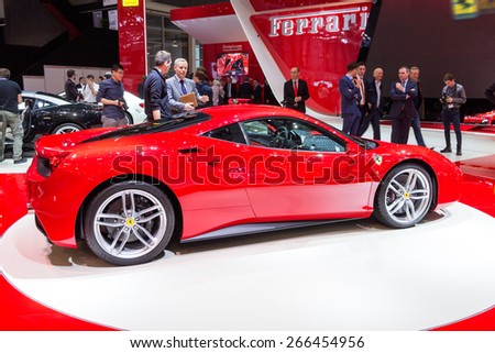 GENEVA, SWITZERLAND - MARCH 4, 2015: New Ferrari 488 GTB world premiere at the 85th International Geneva Motor Show in Palexpo. The 488GTB is a heavily re-engineered replacement of the Ferrari 458.