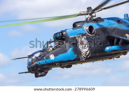 SCHLESWIG-JAGEL, GERMANY - JUN 23, 2014: Czech Air Force Mi-24 Hind attack helicopter during the NATO Tiger Meet at Schleswig-Jagel airbase. The meeting is to promote solidarity between NATO airforces