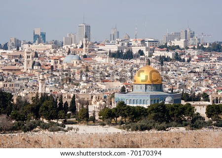 View from the Mountain of Olives on the temple mount and Dome of the Rock in Jerusalem. Israel.