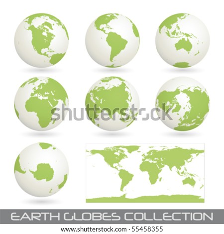 collection of earth globes end a map isolated on white, vector illustration