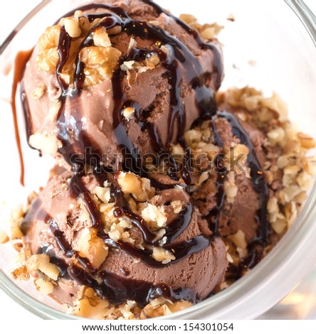 Yummy chocolate ice-cream  with a touch of tasty nuts spared with syrup