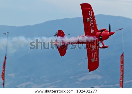 SALINAS, CA - SEPT 25: Sean D. Tucker demonstrates precision of flying and the highest level of pilot skills during the California International Airshow, on September 25, 2011, Salinas, CA.