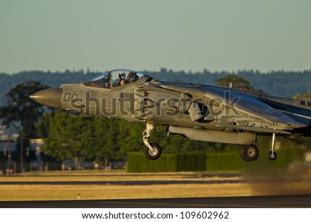 HILLSBORO, OR AUG 3: U.S. Marine Corps AV-8B Harrier II Demonstration Team presents aircraft during Oregon Air Show at Hillsboro Airport on August 3, 2012 in Hillsboro, OR.