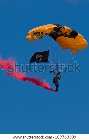 HILLSBORO, OR - AUG 5: A member of the US Army Golden Knights Parachute Team performs at the Oregon Air Show at Hillsboro Airport on August 5, 2012 in Hillsboro, OR.