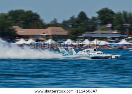TRI-CITIES, WA - JULY 29: J. Michael Kelly pilots U-37 Miss Beacon Plumbing hydroplane along the water at the Lamb Weston Columbia Cup July 29, 2012 on the Columbia River in Tri-Cities, WA.