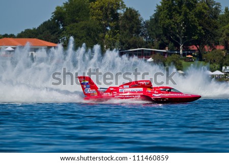 TRI-CITIES, WA - JULY 29: N. Mark Evans pilots U-57 Formulaboats hydroplane along the water at the Lamb Weston Columbia Cup July 29, 2012 on the Columbia River in Tri-Cities, WA.