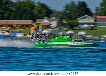 TRI-CITIES, WA - JULY 28: Brian Perkins pilots U-21 Go Fast, Turn Left hydroplane along the water at the Lamb Weston Columbia Cup July 28, 2012 on the Columbia River in Tri-Cities, WA.