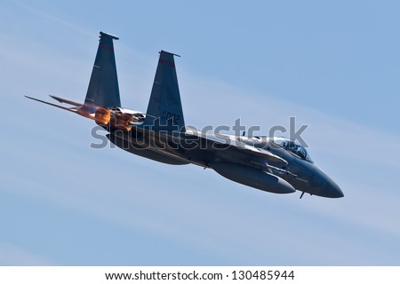 HILLSBORO, OR - AUG 5: Oregon Air National Guard F-15 Eagle aircraft fly by during Oregon Air Show at Hillsboro Airport on August 5, 2012 in Hillsboro, OR.