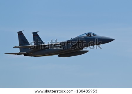 HILLSBORO, OR - AUG 5: Oregon Air National Guard F-15 Eagle aircraft fly by during Oregon Air Show at Hillsboro Airport on August 5, 2012 in Hillsboro, OR.