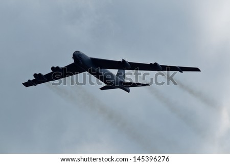 TACOMA, WA - JULY 21: Boeing B-52 Stratofortress flyby demonstration during Air Expo at McChord Field Joint Base Lewis-McChord on July 21, 2012 in Tacoma, WA.