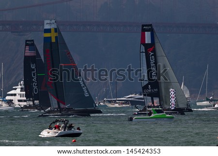 SAN FRANCISCO, CA - OCTOBER 7: The AmericaÃ?Â¢??s Cup World Series sailing fleet races during Fleet Week in San Francisco, CA on October 7, 2012
