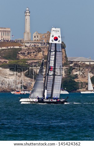 SAN FRANCISCO, CA - OCTOBER 7:  Korean team race in Louis Vuitton Cup part of America\'s Cup World Series on Oct 7, 2012 in San Francisco, CA.