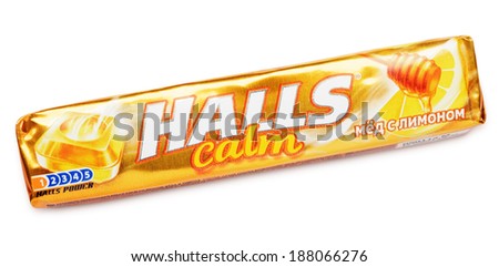 TULA, RUSSIA - APRIL 14, 2014: Mentholated cough drop Halls Calm made by Mondelez International, Cadbury isolated on white with clipping path