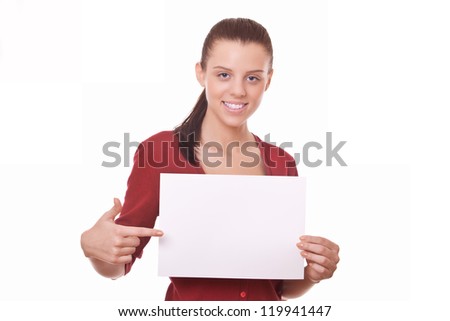 woman holding blank board or paper for you advert