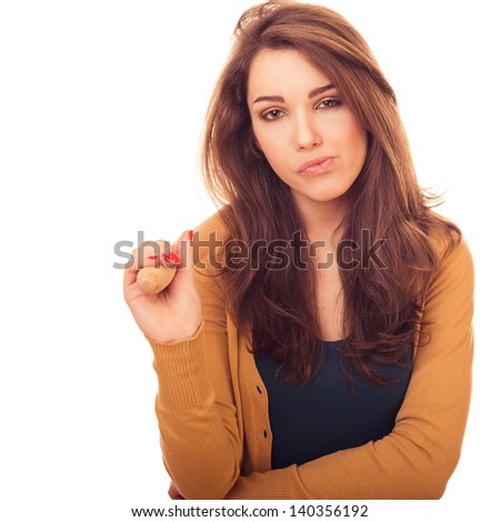 dissatisfied woman with rolling-pin.  bright emotional portrait in studio
