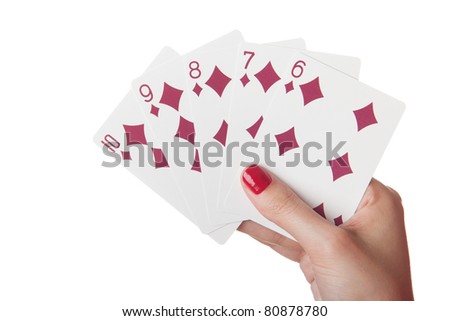 Straight Flush of diamonds in hand isolated on the white background